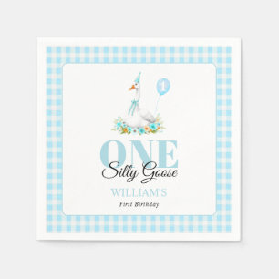 One silly goose, blue gingham boy's 1st birthday napkins