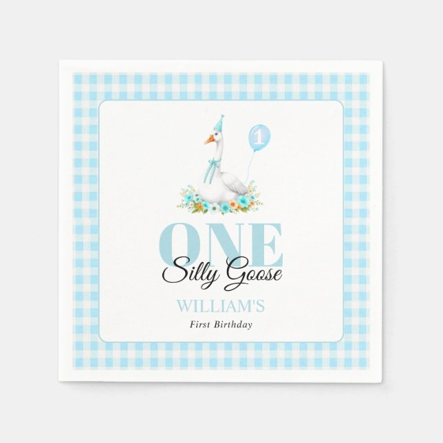 One silly goose, blue gingham boy's 1st birthday napkins (Front)