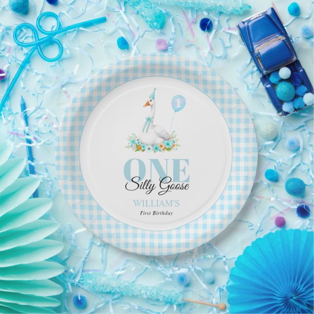 One silly goose, blue gingham boy's 1st birthday paper plates (Party)