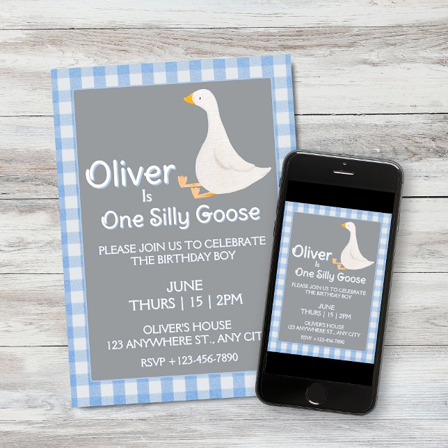 One Silly Goose Blue Gingham Boy's Birthday Party Invitation (One Silly Goose Blue Gingham Boy's Birthday Party Invitation and Download)