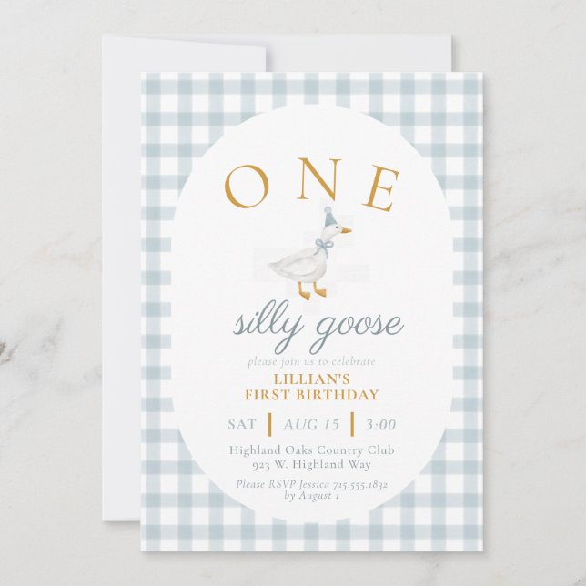 ONE Silly Goose Blue Gingham Daisy First Birthday Invitation (Front)