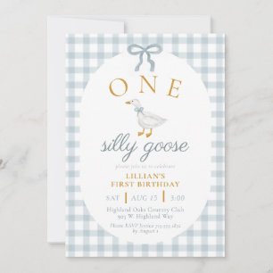 ONE Silly Goose Blue Gingham Daisy First Birthday Invitation