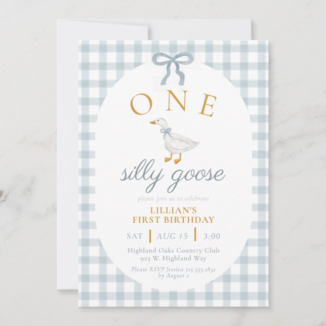 ONE Silly Goose Blue Gingham Daisy First Birthday Invitation (Front)