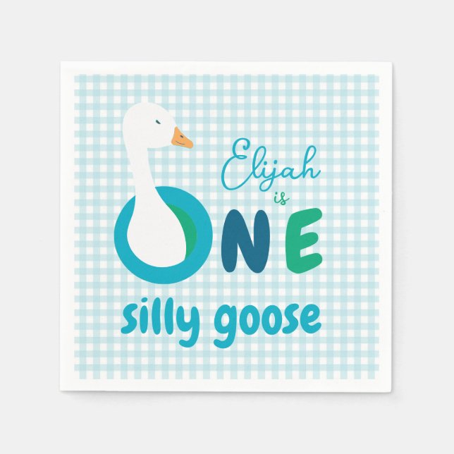 One Silly Goose Blue Gingham First Birthday Party Napkins (Front)