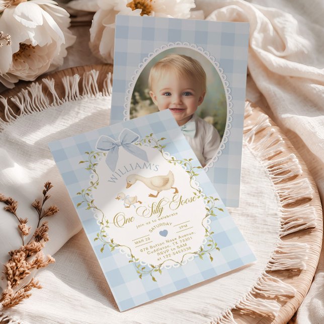 One Silly Goose Blue Gingham Photo 1st Birthday Invitation (Creator Uploaded)