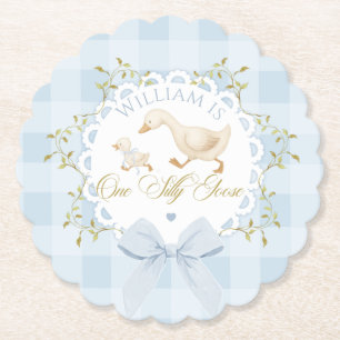 One Silly Goose Blue Goingham Whimsical Birthday Paper Coaster