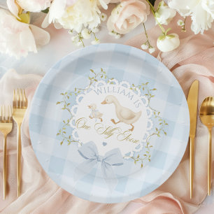 One Silly Goose Blue Goingham Whimsical Birthday Paper Plates