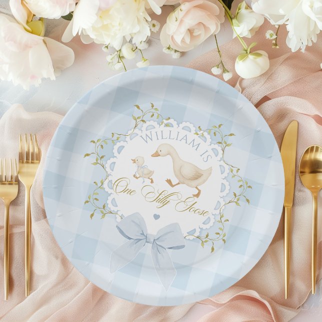 One Silly Goose Blue Goingham Whimsical Birthday Paper Plates (Creator Uploaded)
