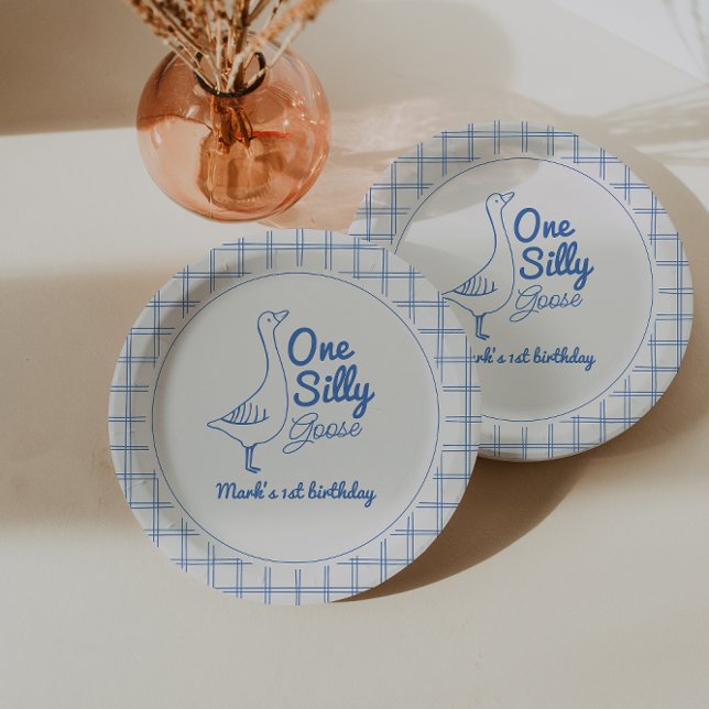 One Silly Goose Blue Hand Drawn Boy 1st Birthday Paper Plates (Creator Uploaded)