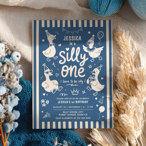 One Silly Goose Blue Kids First Birthday Party Invitation