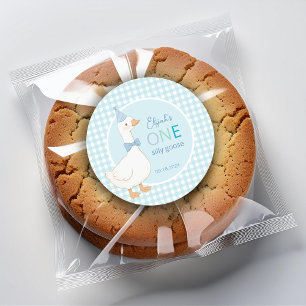 One Silly Goose Blue Party Hat Boy First Birthday Classic Round Sticker