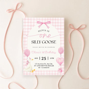 One Silly Goose Blue Pink Gingham 1st Birthday Invitation