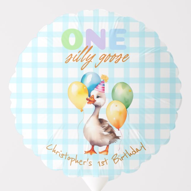 One Silly Goose Blue Plaid Boy 1st Birthday Balloon (Front)