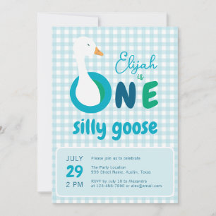 One Silly Goose Blue Plaid Boy 1st Birthday Party Invitation