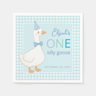 One Silly Goose Blue Plaid Boy 1st Birthday Party Napkins