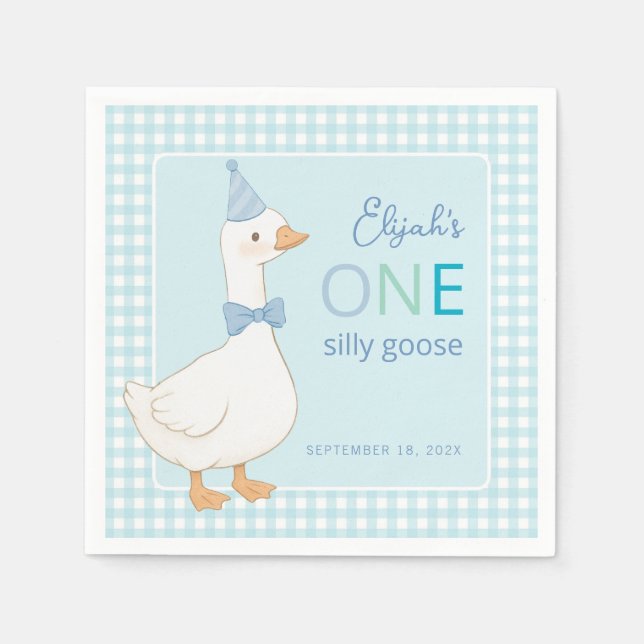 One Silly Goose Blue Plaid Boy 1st Birthday Party Napkins (Front)