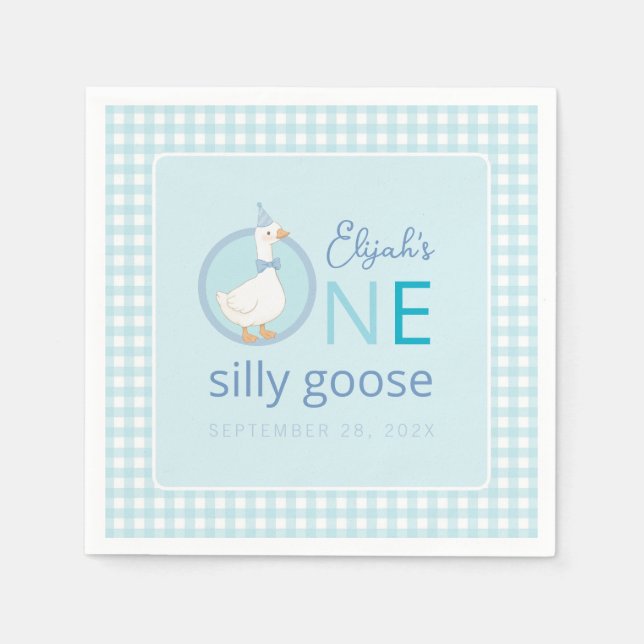 One Silly Goose Blue Plaid Cute Boy First Birthday Napkins (Front)