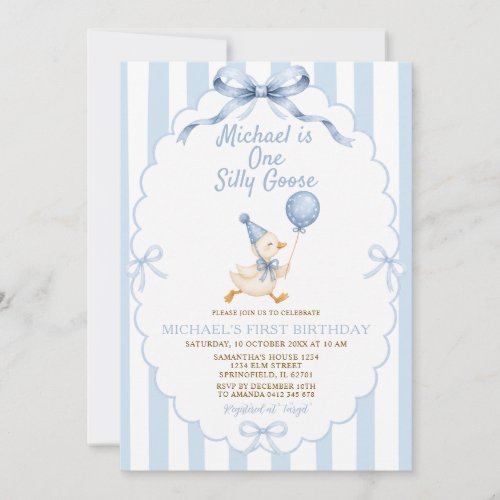 One Silly Goose Blue Stripes Boy First Birthday Invitation