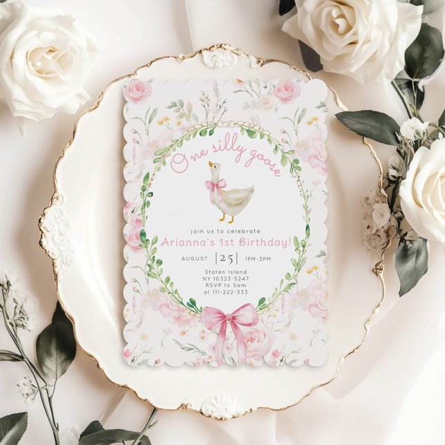 One Silly Goose Blush pink Bow Girl 1st Birthday  Invitation (Creator Uploaded)