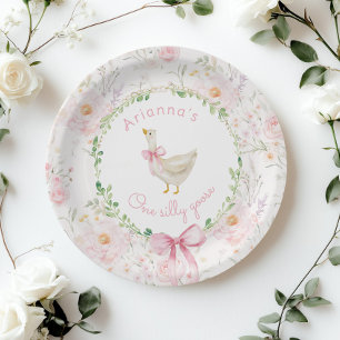 One Silly Goose Blush pink Bow Girl 1st Birthday  Paper Plates
