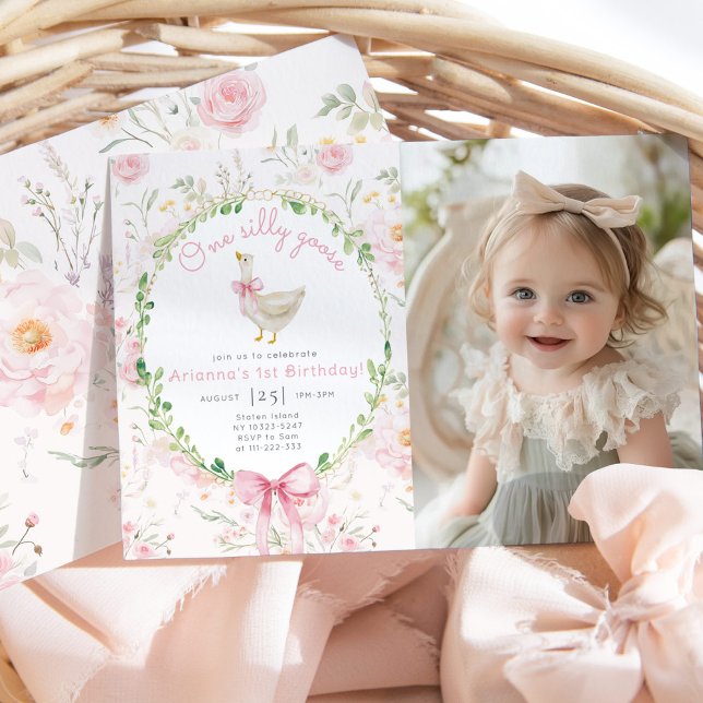 One Silly Goose Blush pink Bow Photo 1st Birthday  Invitation (Creator Uploaded)