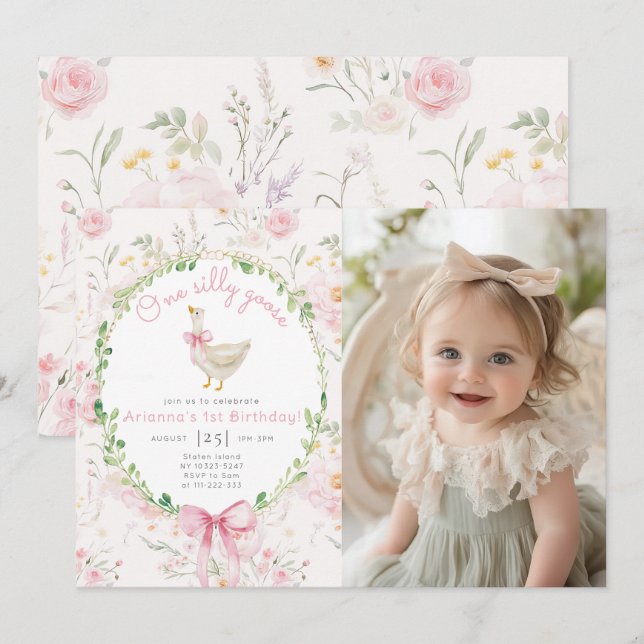 One Silly Goose Blush pink Bow Photo 1st Birthday Invitation | Zazzle
