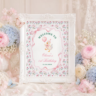 One Silly Goose Bow Floral 1st Birthday Welcome Poster