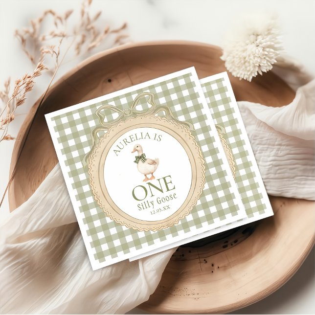 One Silly Goose Bow Gingham 1st Birthday Napkin (Creator Uploaded)