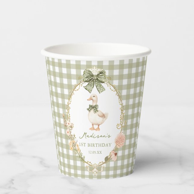 One Silly Goose Bow Gingham 1st Birthday Paper Cups (Front)