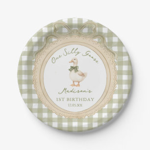 One Silly Goose Bow Gingham 1st Birthday Paper Plates