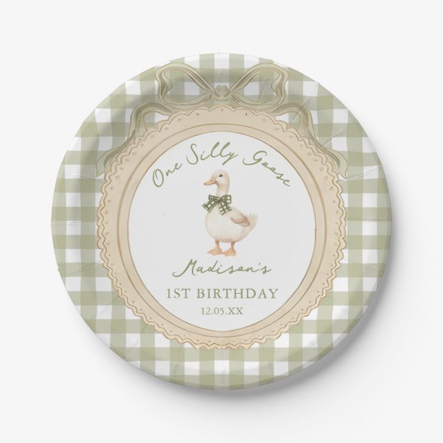 One Silly Goose Bow Gingham 1st Birthday Paper Plates (Front)