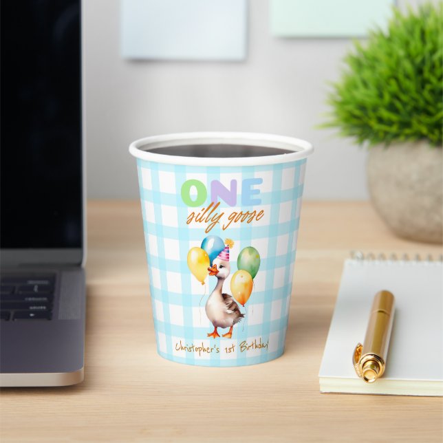 One Silly Goose Boy 1st Birthday Blue plaid  Paper Cups (Insitu)