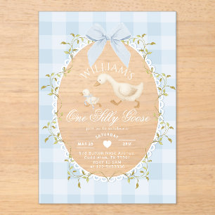 One Silly Goose Boy 1st BIrthday Gingham Whimsical Acrylic Invitations