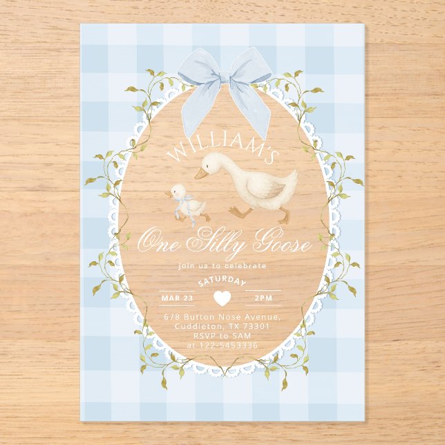 One Silly Goose Boy 1st BIrthday Gingham Whimsical Acrylic Invitations (Front)