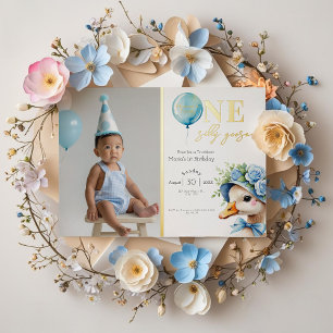 One Silly Goose Boy 1st Birthday  Invitation Foil Invitation