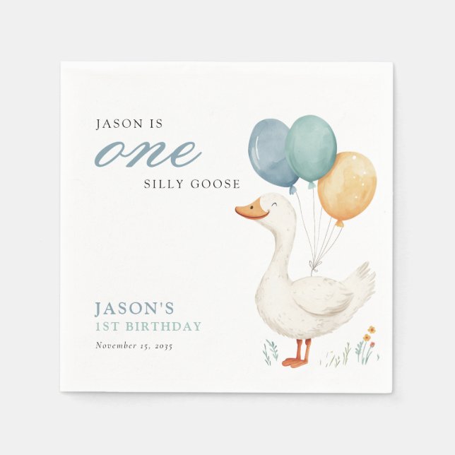 One Silly Goose Boy 1st Birthday Party Napkins (Front)