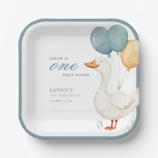 One Silly Goose Boy 1st Birthday Party Paper Plate (Front)