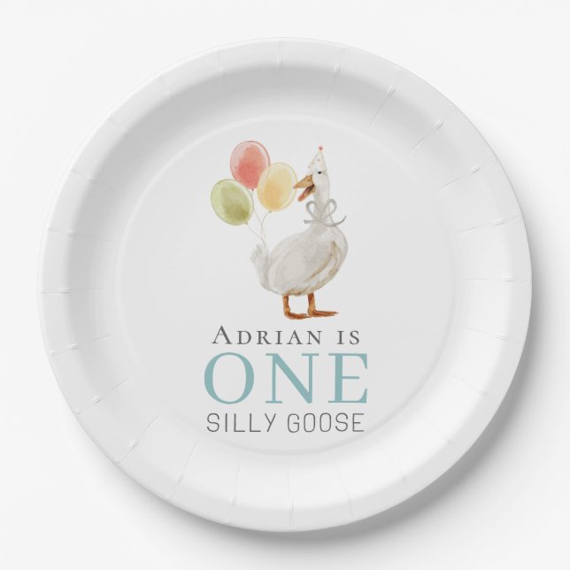 One Silly Goose Boy Blue 1st Birthday Paper Plates (Front)
