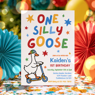 One Silly Goose Boy Colorful 1st Birthday Party Invitation