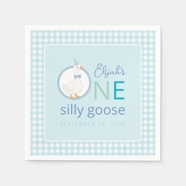One Silly Goose Boy First Birthday Blue Party Hat  Napkins (Front)