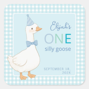 One Silly Goose Boy First Birthday Blue Party Hat Square Sticker