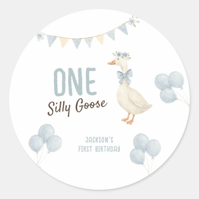 One Silly Goose Boy First Birthday Classic Round Sticker (Front)