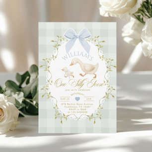 One Silly Goose Boy Gingham 1st Birthday Invitation