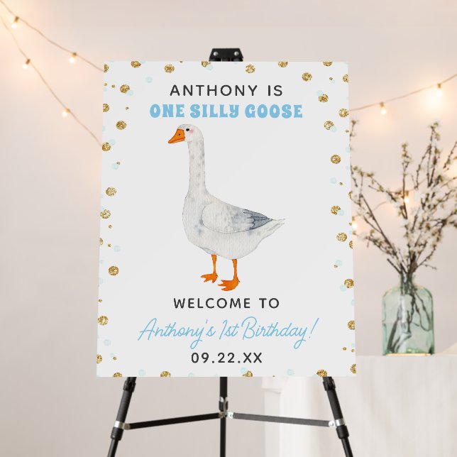 One Silly Goose Boys 1st Birthday Party Welcome Foam Board (In Situ (Stand))