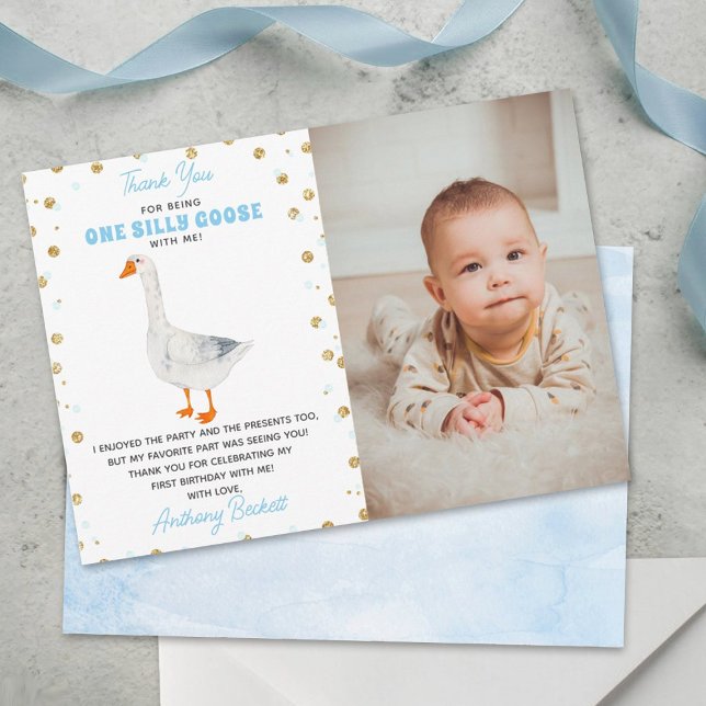 One Silly Goose Boys 1st Birthday Photo Thank You Card (Creator Uploaded)
