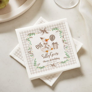 One Silly Goose Brown Bow 1st Birthday Napkins