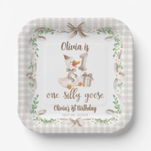 One Silly Goose Brown Bow 1st Birthday Paper Plates