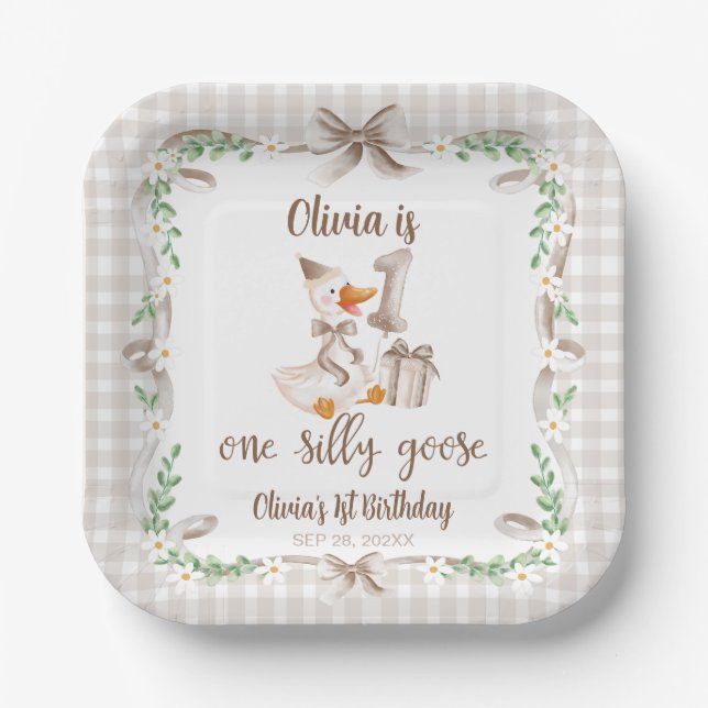 One Silly Goose Brown Bow 1st Birthday Paper Plates (Front)