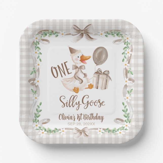 One Silly Goose Brown Bow 1st Birthday Paper Plates (Front)
