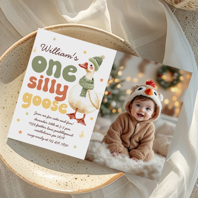 One Silly Goose Christmas Green 1st Birthday Photo Invitation (Creator Uploaded)